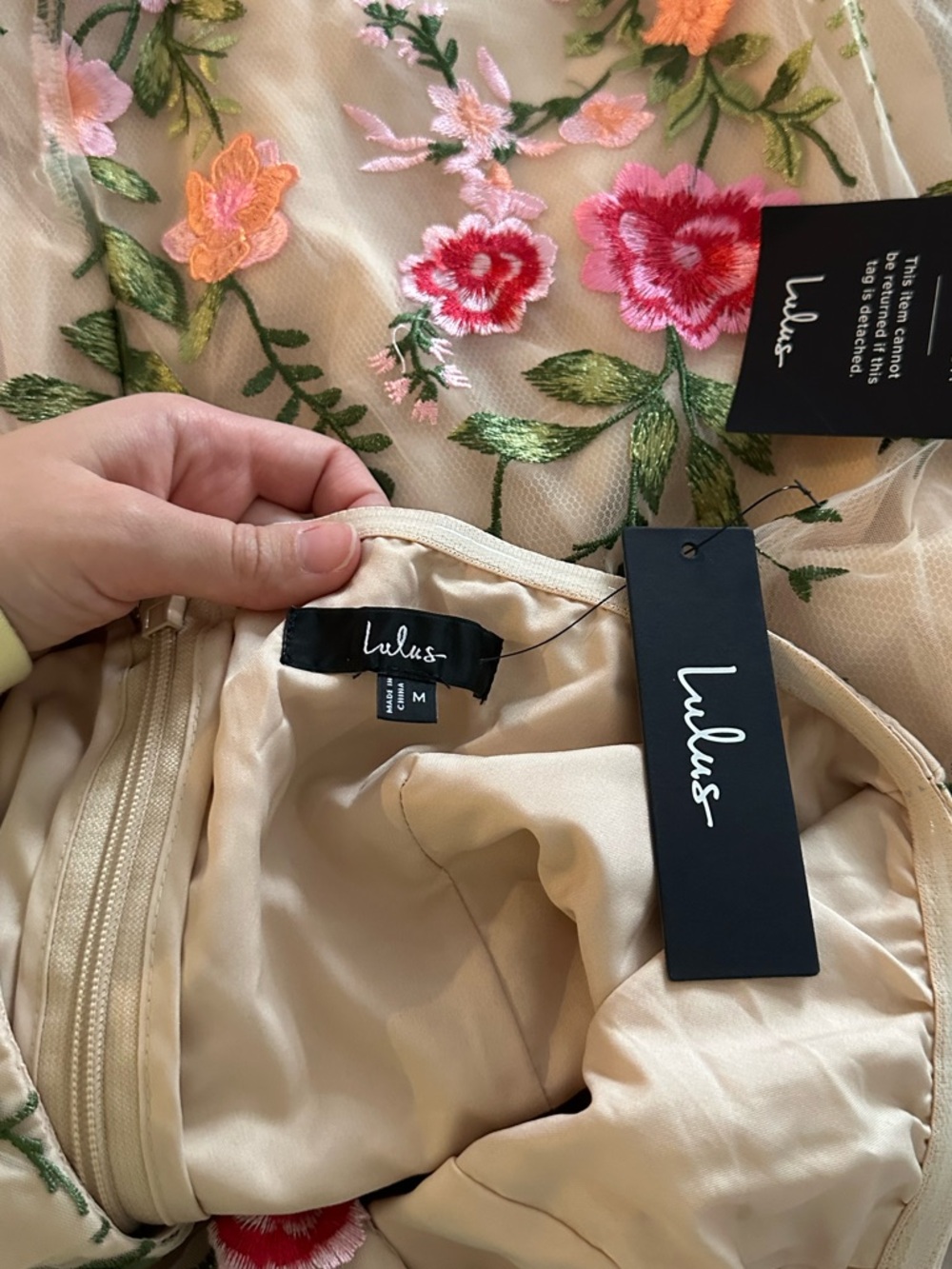 Lulu's Cream Strapless Midi Dress with Pink & Green Floral Embroidery - Picture 5 of 5